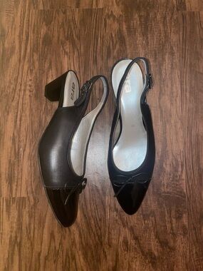 ARA Black Slingback Low Block Heel Pumps with Bow